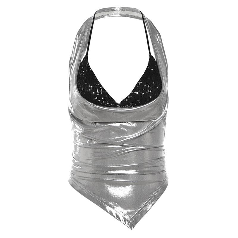 Halter metallic glitter cowl neck ruched 2 piece top