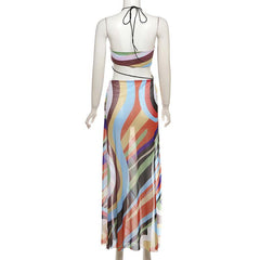 Halter print contrast high slit sheer mesh maxi dress  | samba dress
