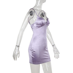 V neck satin ruched solid cami mini dress