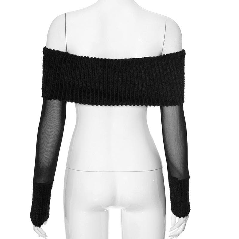 Long sleeve off shoulder ribbed patchwork mesh crop top