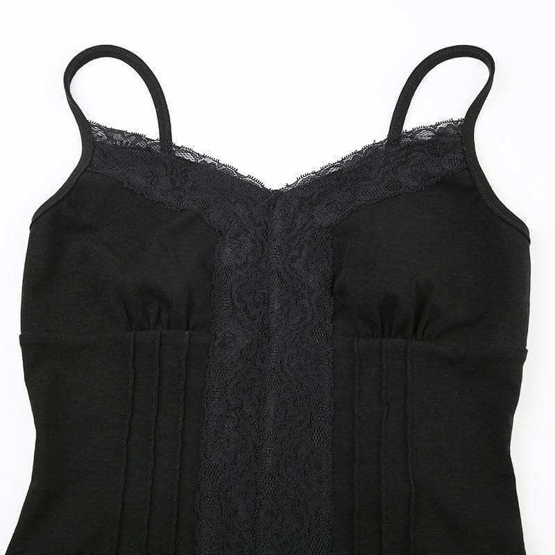 Stitch v neck lace hem backless solid cami top