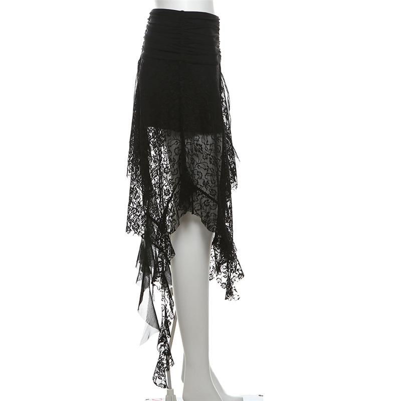 Lace mesh patchwork ruched ruffle midi skirt