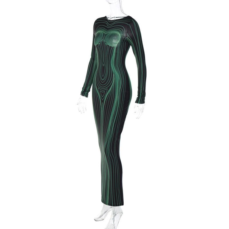 Long sleeve round neck contrast abstract print maxi dress