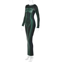 Long sleeve round neck contrast abstract print maxi dress