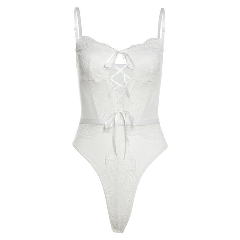 Lace up bowknot lace mesh patchwork cami bodysuit