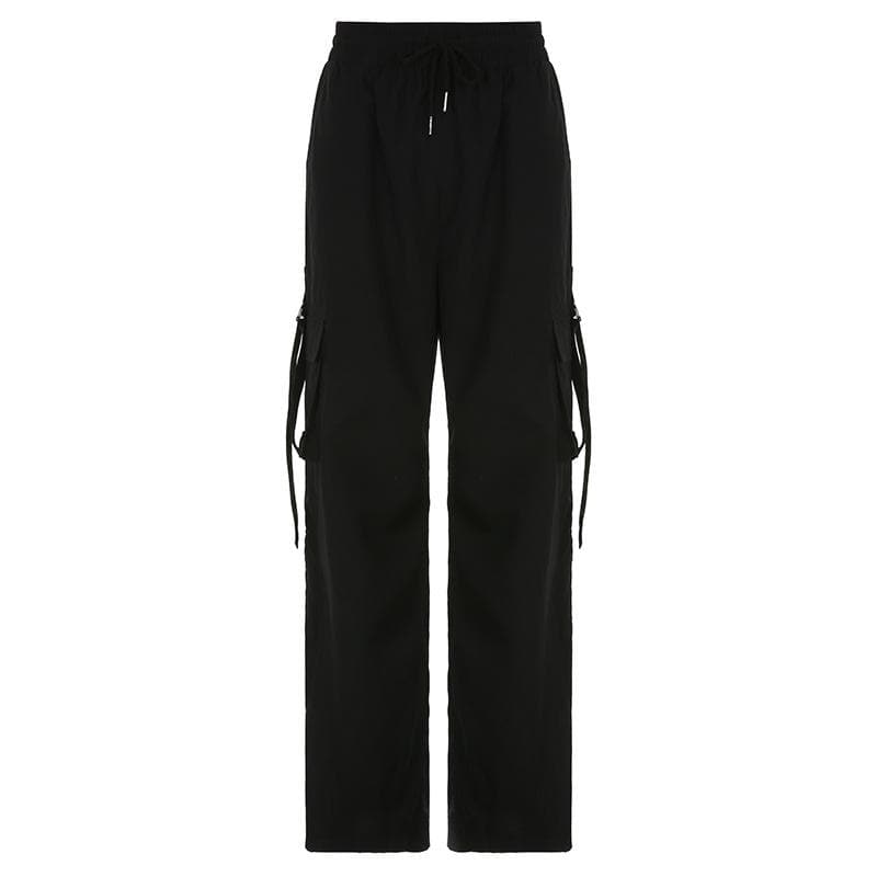 Drawstring solid cargo pocket wide leg pant