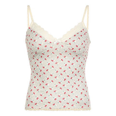 V neck cherry print bowknot lace hem polka dot cami top