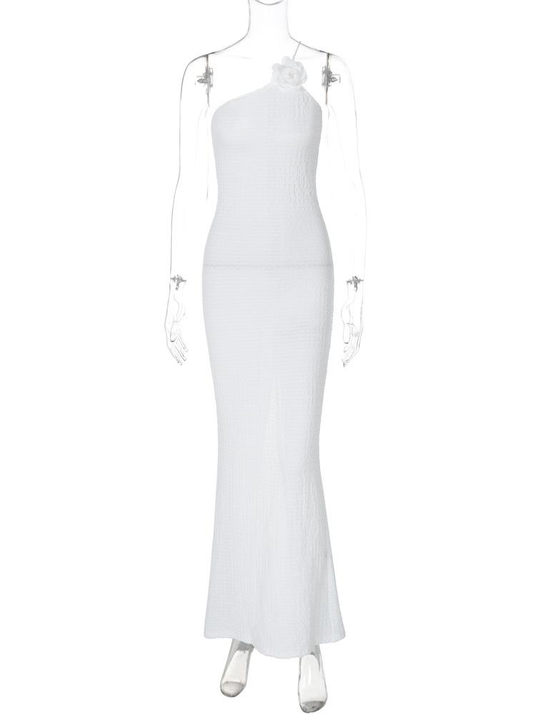 Flower applique one shoulder textured slit cami maxi dress