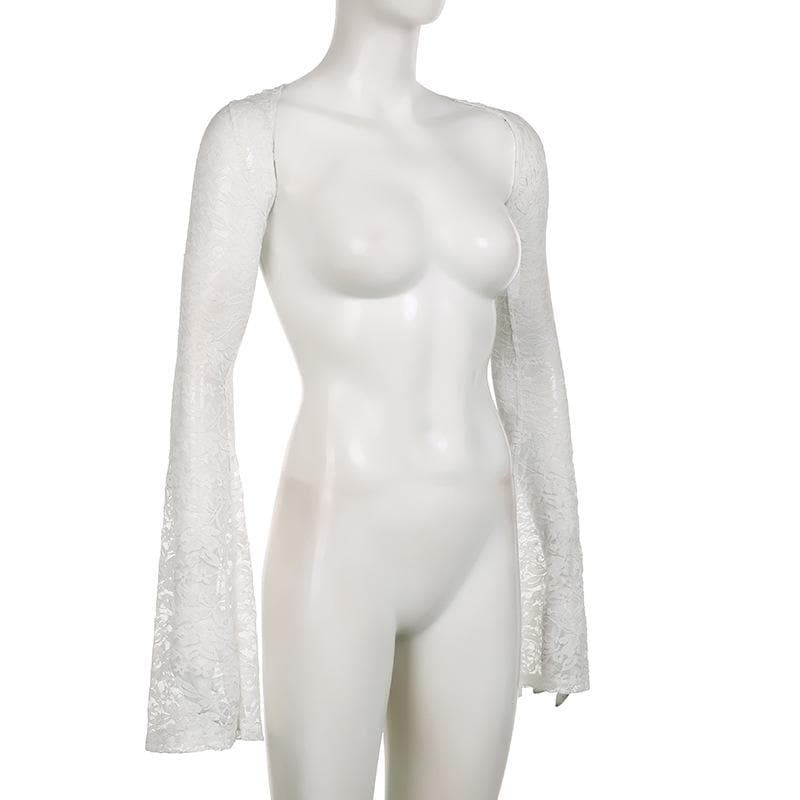 Flared sleeve lace hollow out solid shrug cut out top