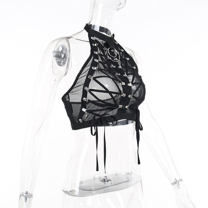 Mesh see through lace up open back metal ring open back top