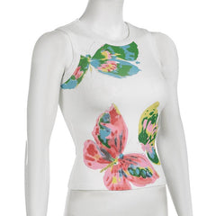Crewneck butterfly print contrast tank top