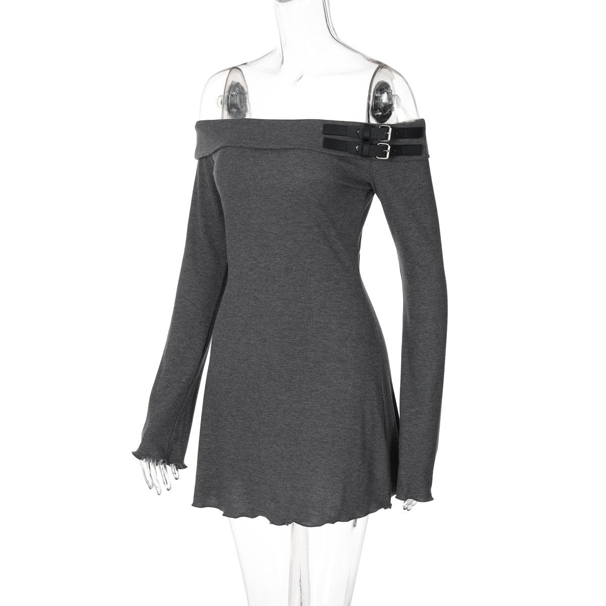 Off shoulder long sleeve buckle mini dress