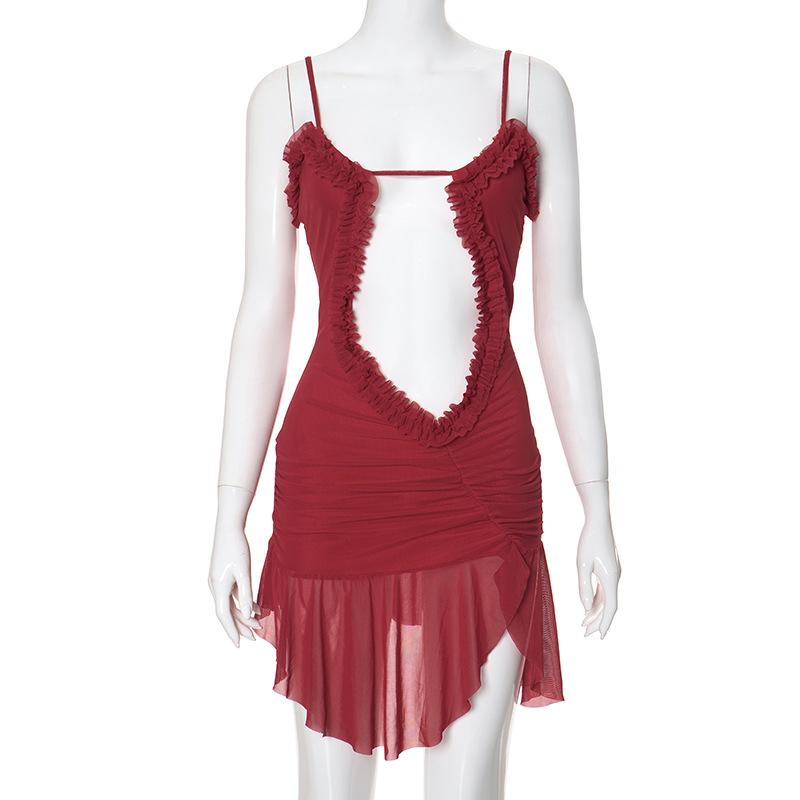 Double layered mesh ruffle hollow out cami cut out mini dress  | red tango dress
