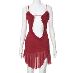 Double layered mesh ruffle hollow out cami cut out mini dress  | red tango dress