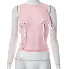 Sheer mesh see through bowknot sleeveless crewneck top