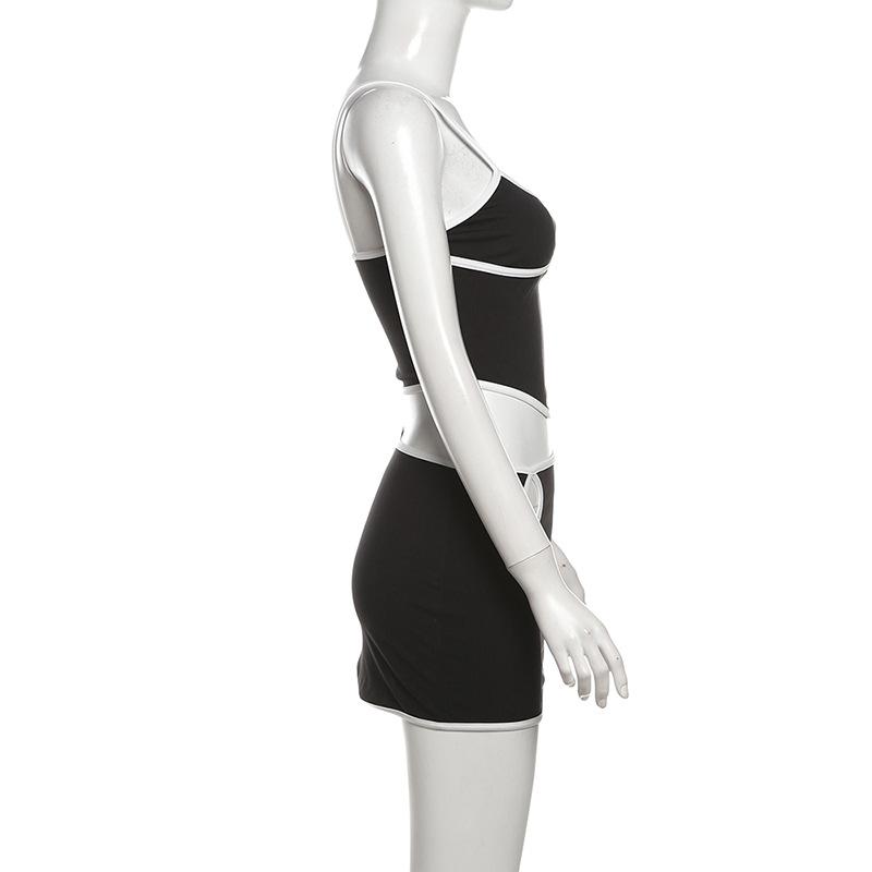 U neck stitch hollow out cami mini skirt set