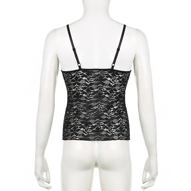 Lace see through solid v neck cami top
