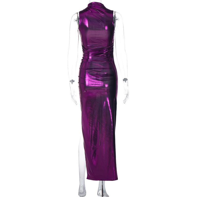 Sleeveless high neck metallic ruched high slit midi dress  | red tango dress