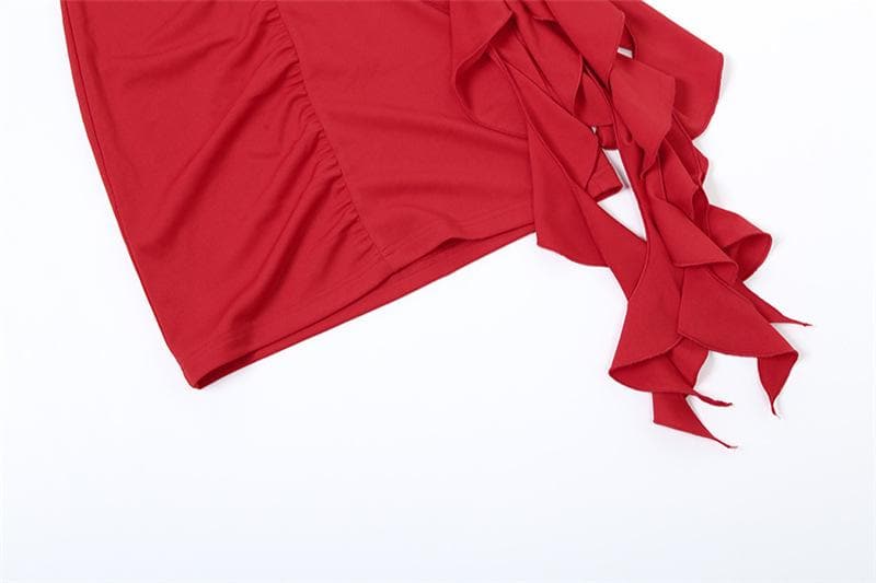 One shoulder flower applique ruched ruffle solid backless mini dress  | red tango dress