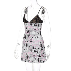 V neck abstract lace cami mini dress