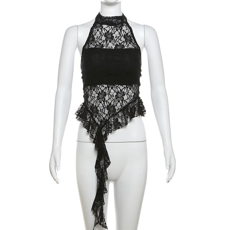 Halter mesh ruffle backless top