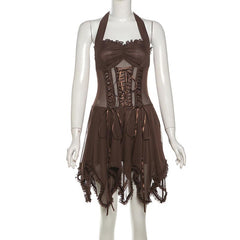 Halter lace up ruffle ruched mesh mini dress