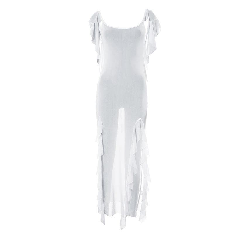 Sheer mesh see through backless ruffle slit cap sleeve maxi dress  | samba dress