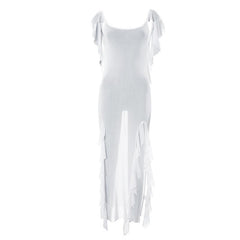 Sheer mesh see through backless ruffle slit cap sleeve maxi dress  | samba dress