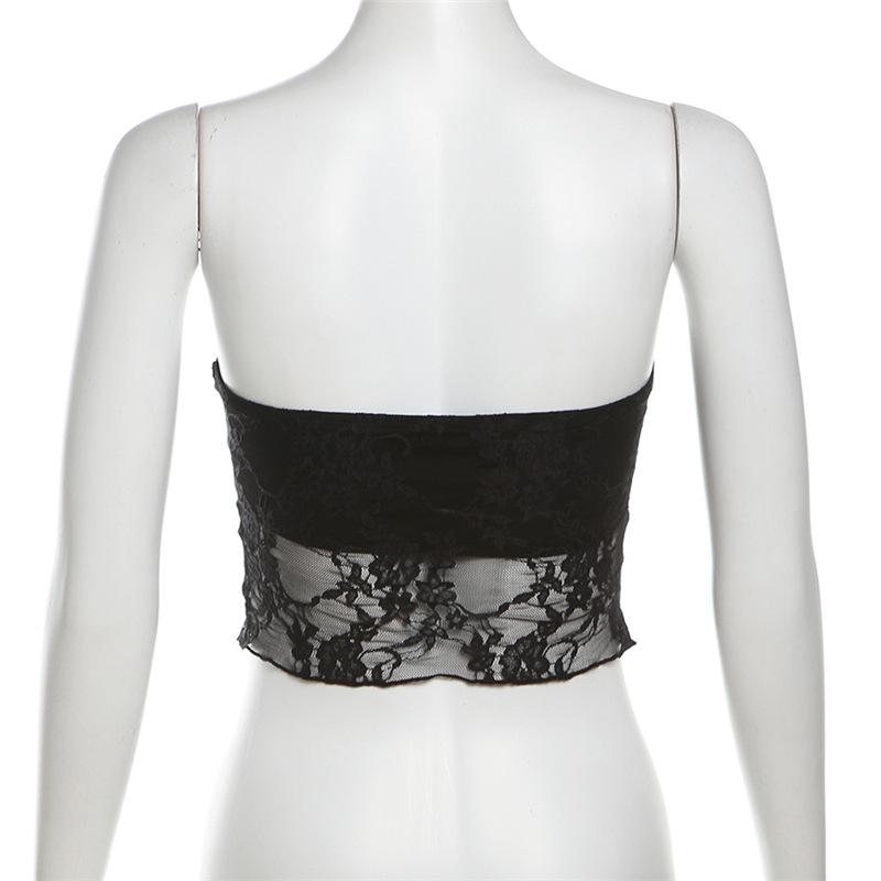 Lace ruched slit ruffle solid tube top