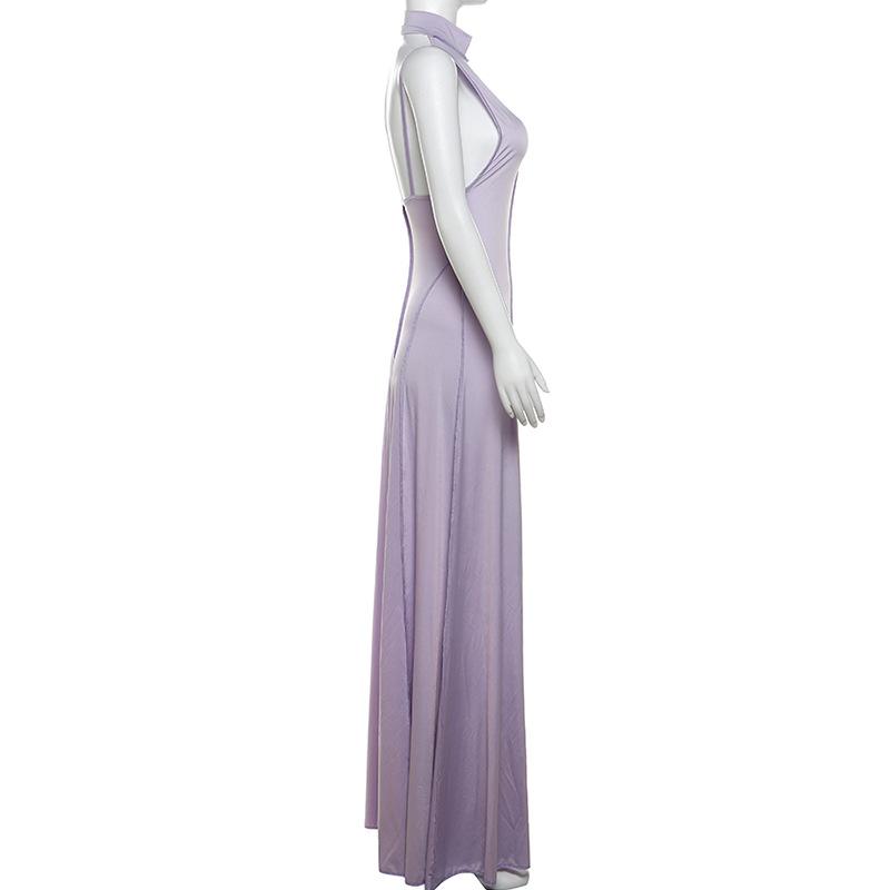 High neck stitch halter backless solid maxi dress