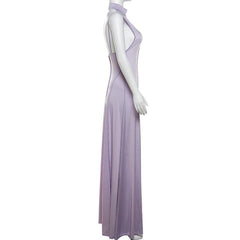 High neck stitch halter backless solid maxi dress