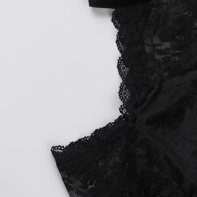 Off shoulder long flared sleeve lace velvet mini dress