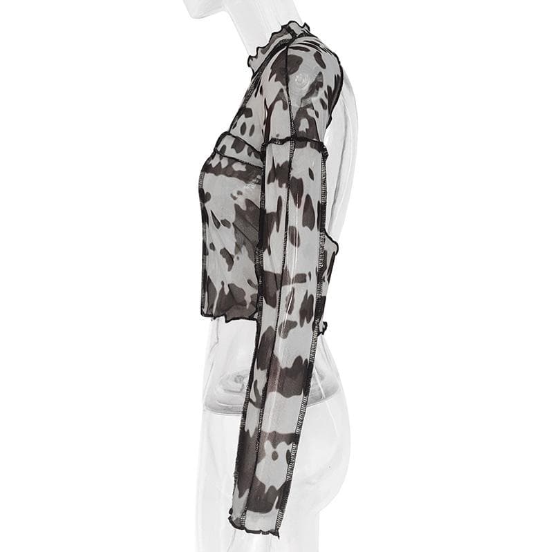 Sheer mesh see through print stitch ruffle open back top