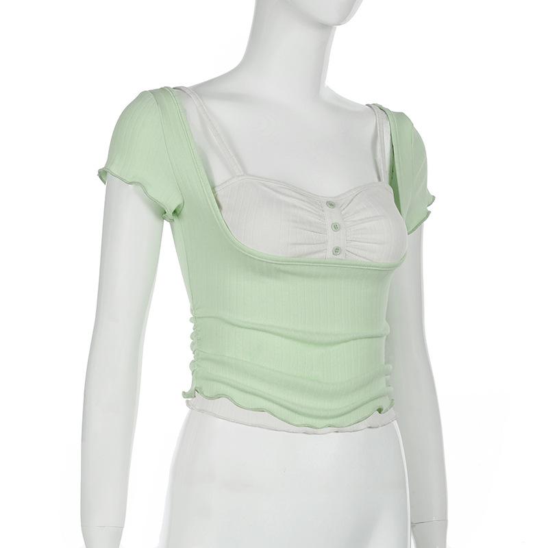 Short sleeve patchwork ruched ruffle top