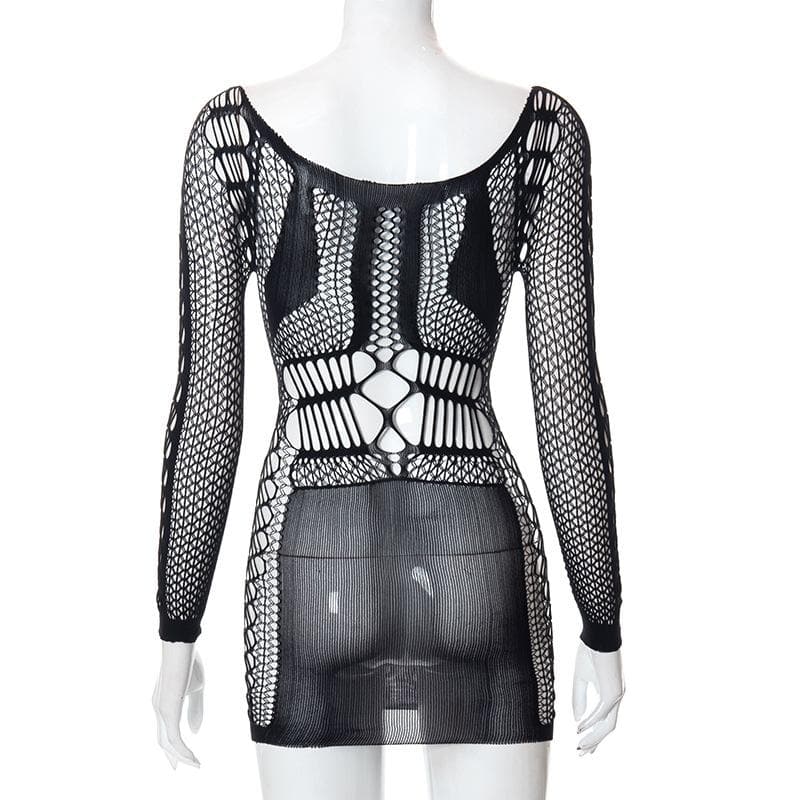 Fishnet long sleeve hollow out see through mini dress  | red tango dress