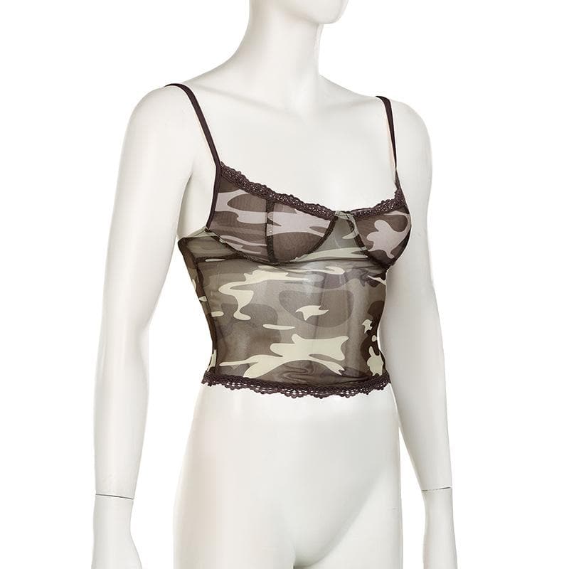 V neck mesh lace hem camouflage cami top