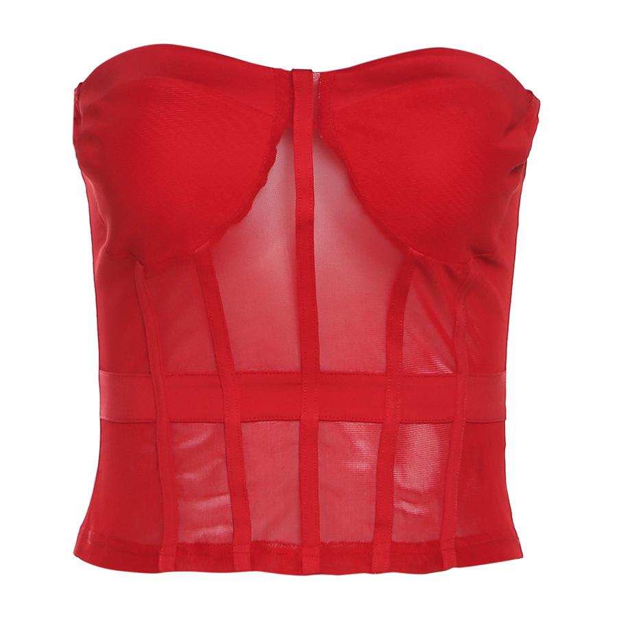 Sweetheart neck mesh stitch patchwork tube top