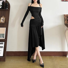 Halter long sleeve off shoulder hollow out maxi dress