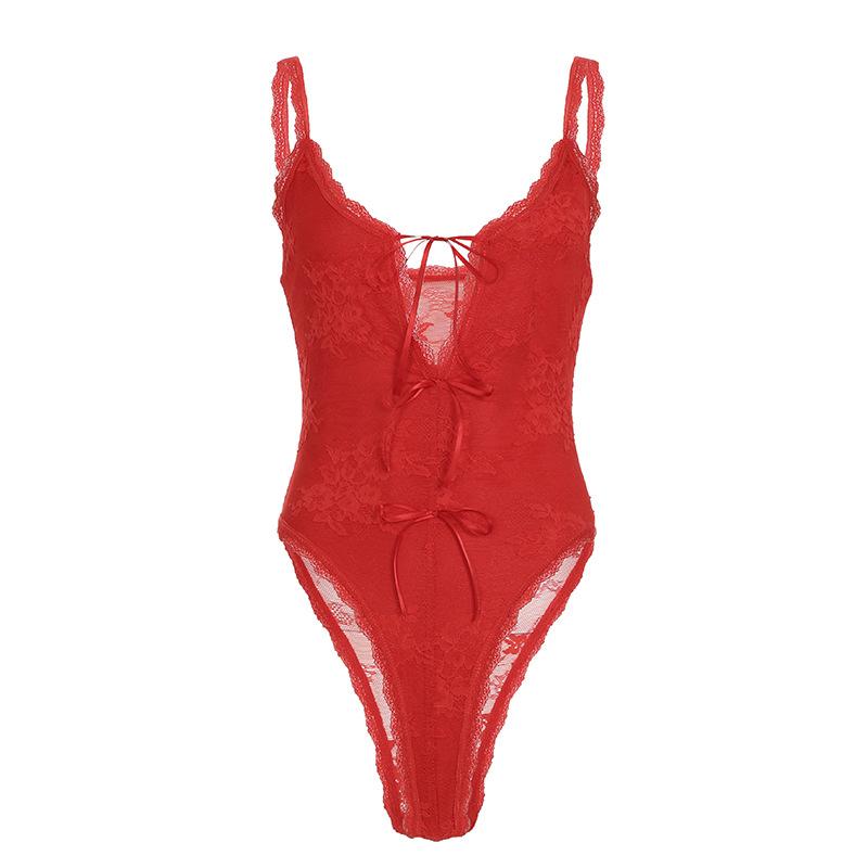 V neck lace bowknot cami bodysuit
