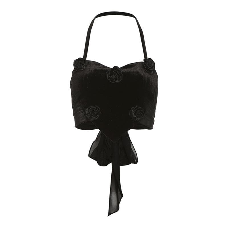 Halter flower applique velvet mesh self tie crop top