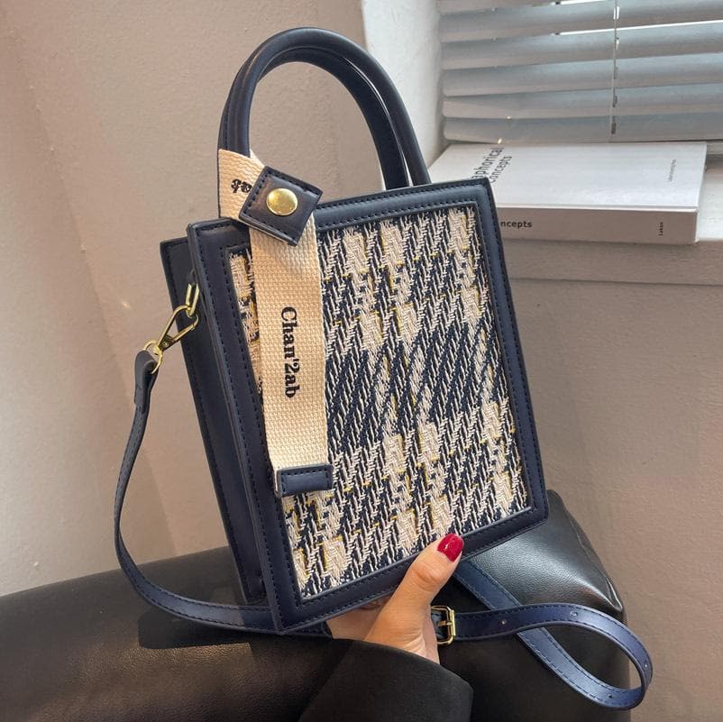 Knitted plaid contrast PU leather crossbody purses bag