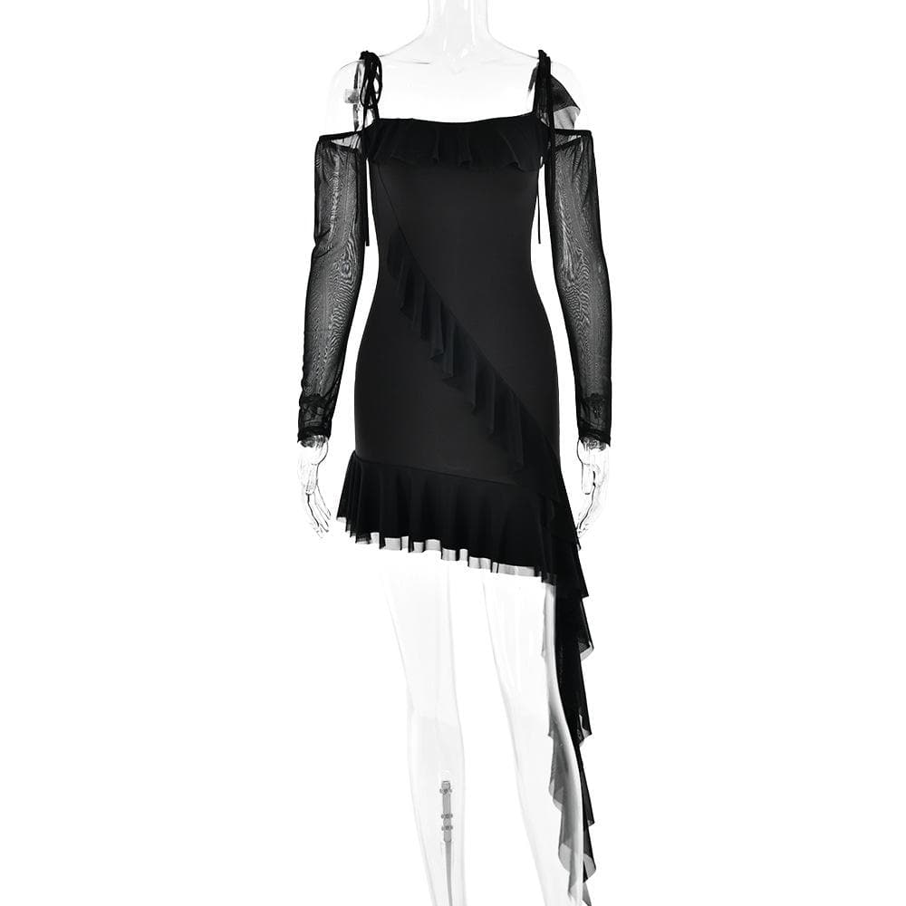 Ruffle self tie irregular off shoulder mesh long sleeve mini dress