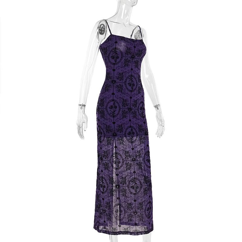Mesh print slit cami maxi dress