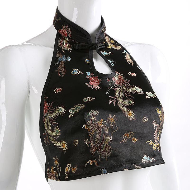 Halter backless self tie embroidery crop top