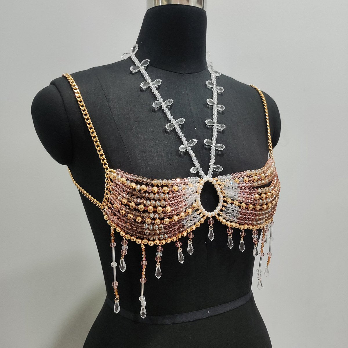 Halter crystal beaded tassels hollow out crop top
