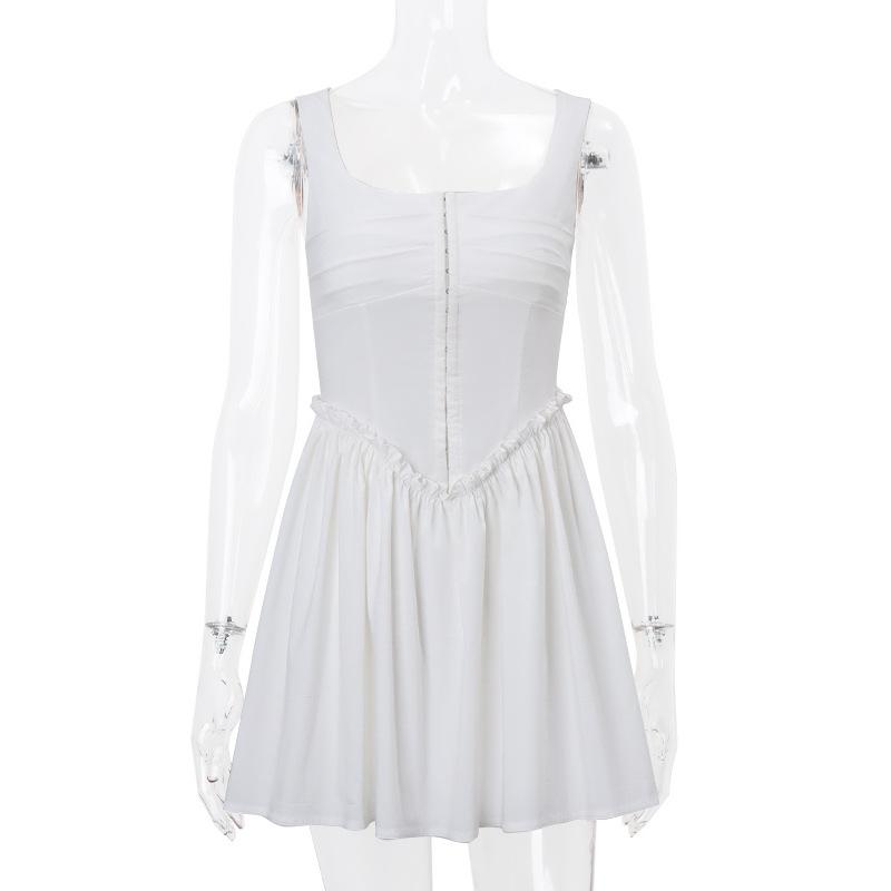 Button ruffle square neck ruched bustier tank mini dress  | red tango dress