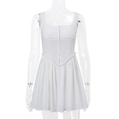 Button ruffle square neck ruched bustier tank mini dress  | red tango dress
