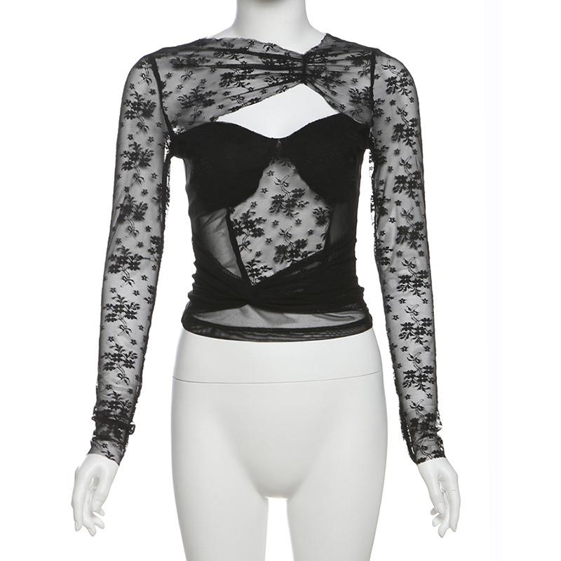 Long sleeve hollow out ruched lace top