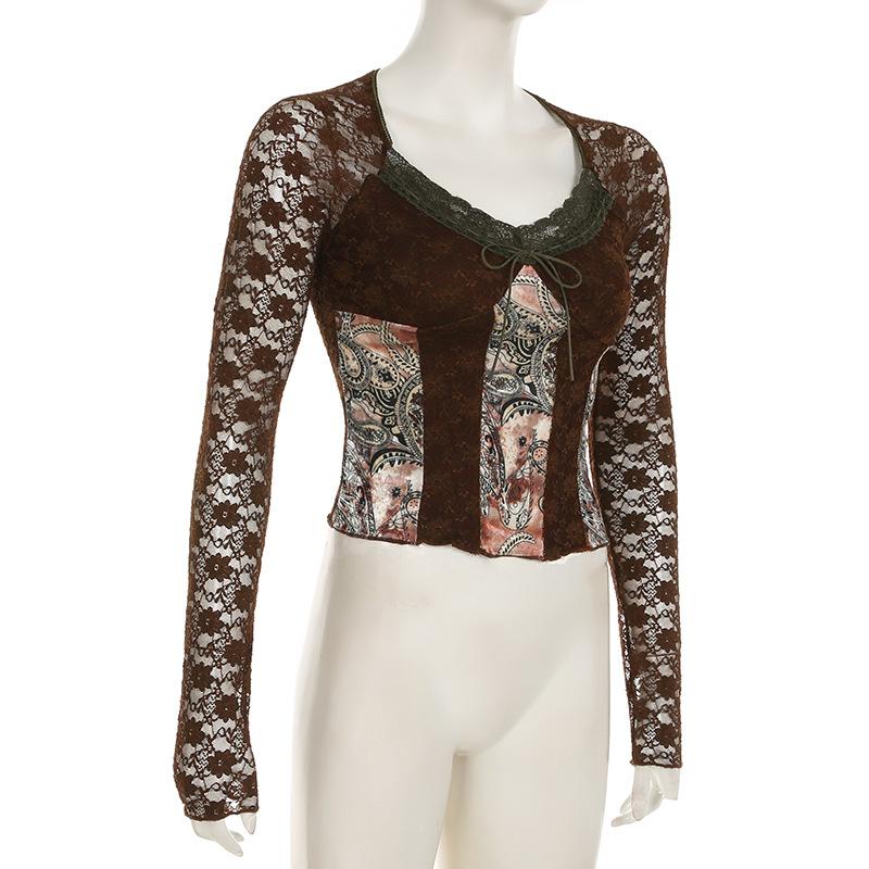 Long sleeve lace abstract top