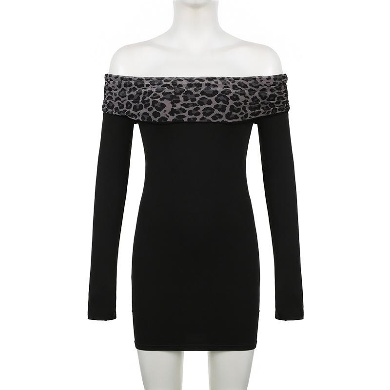 Off shoulder long sleeve leopard print mini dress